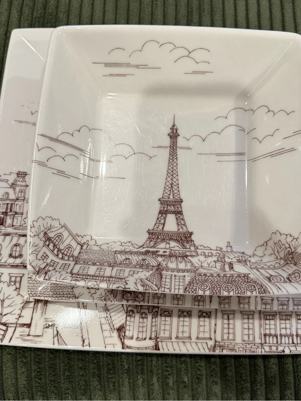 222 Fifth City Scenes Paris Eiffel Tower Square Dinnerware Set Plate & Bowl Trio
